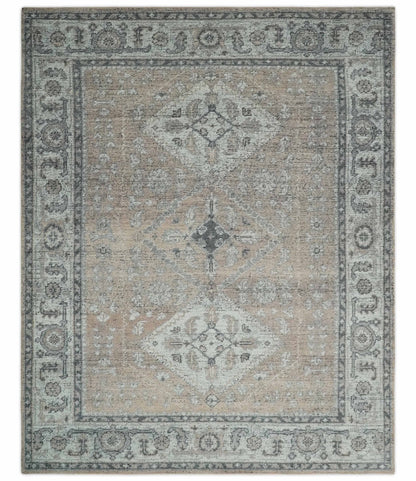 Custom Made Antique Style Peach, Ivory and Charcoal Hand knotted Traditional Wool Rug.