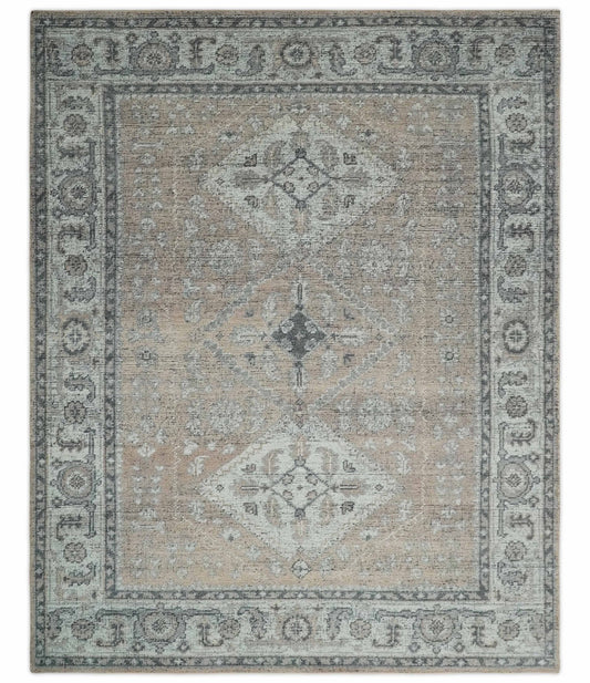 Custom Made Antique Style Peach, Ivory and Charcoal Hand knotted Traditional Wool Rug.