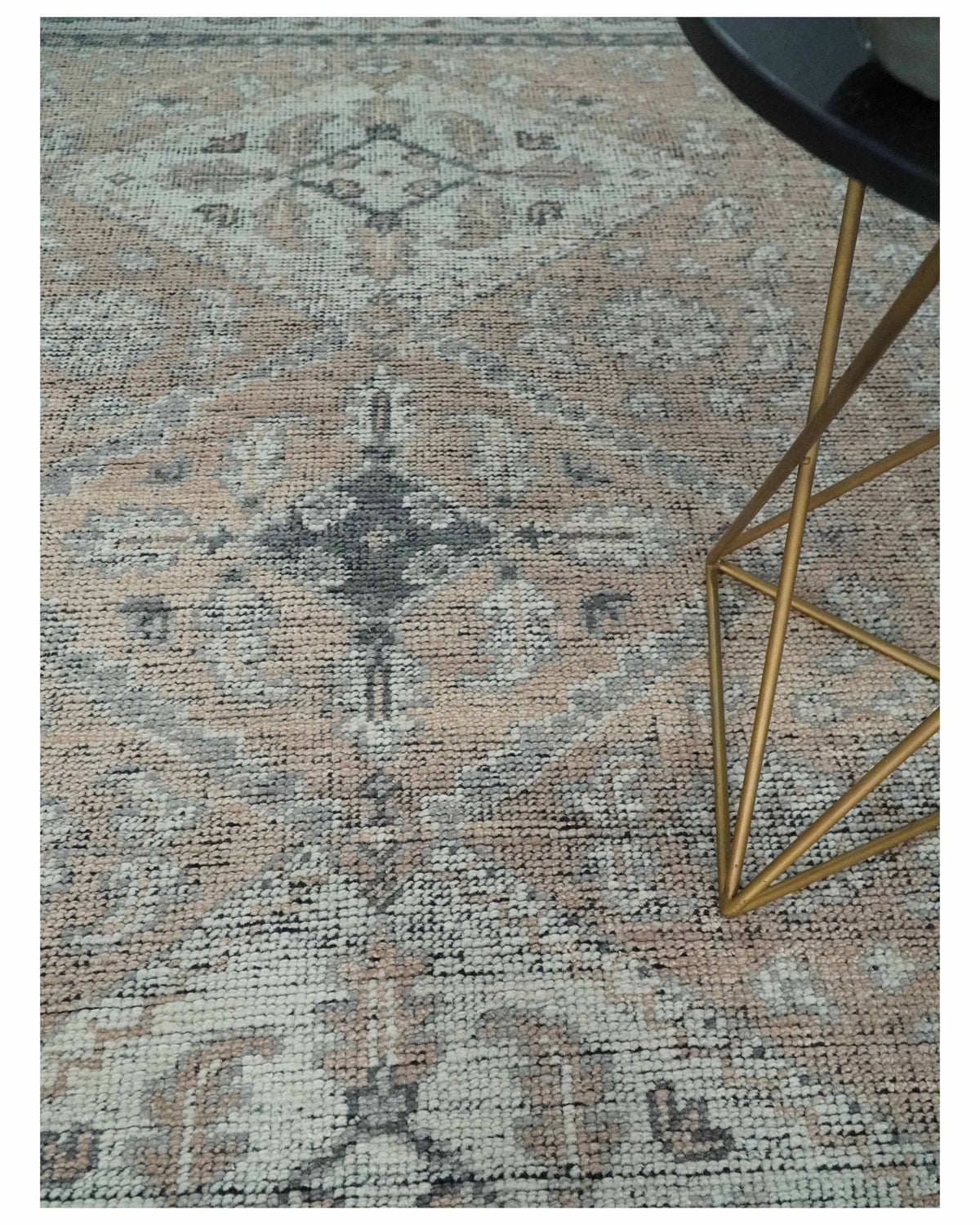 Custom Made Antique Style Peach, Ivory and Charcoal Hand knotted Traditional Wool Rug.