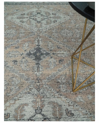 Custom Made Antique Style Peach, Ivory and Charcoal Hand knotted Traditional Wool Rug.