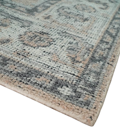 Custom Made Antique Style Peach, Ivory and Charcoal Hand knotted Traditional Wool Rug.