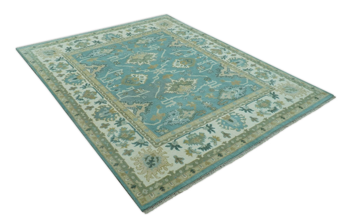 Custom Made Aqua and Beige Hand Knotted Traditional Wool Rug.