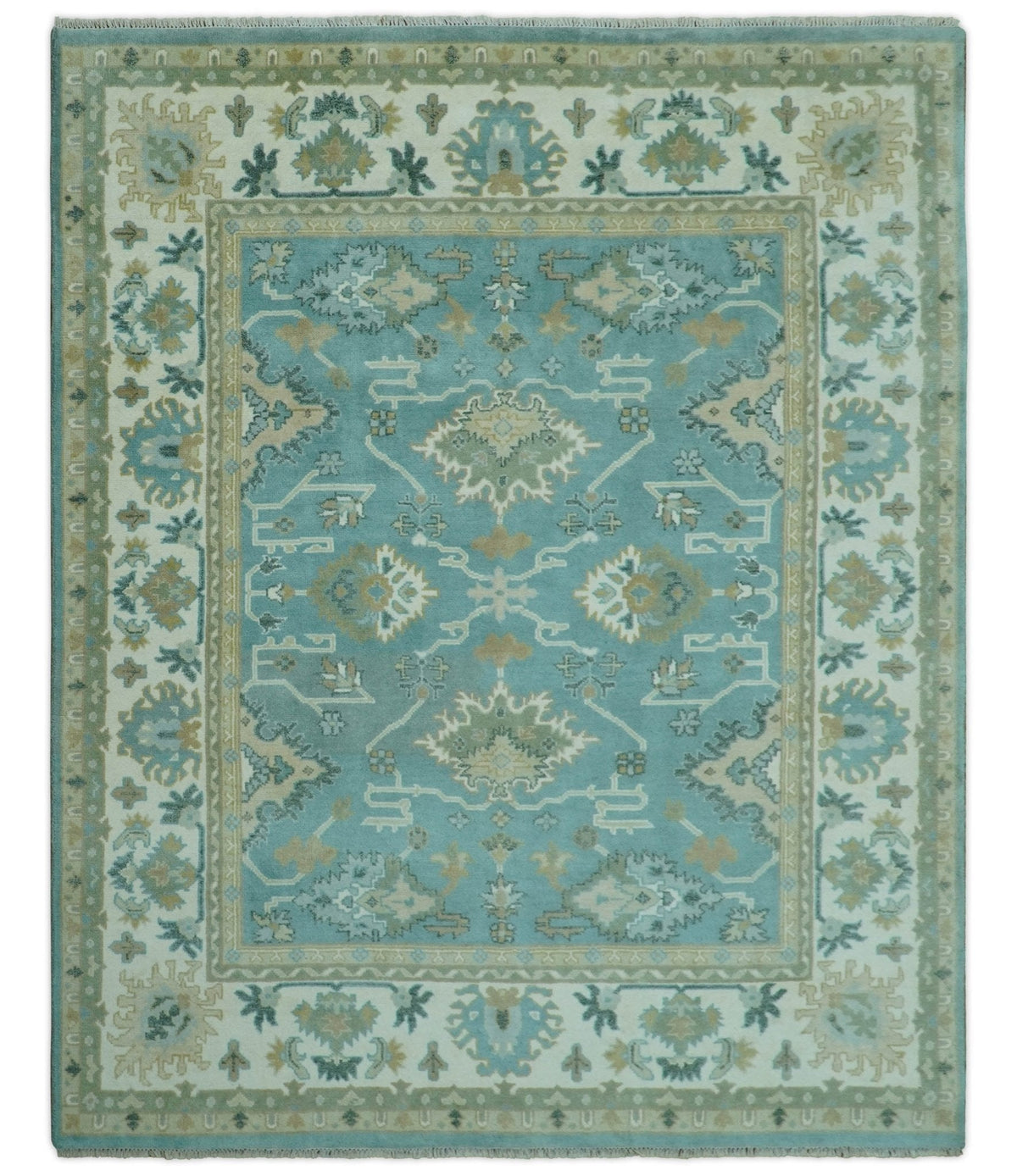 Custom Made Aqua and Beige Hand Knotted Traditional Wool Rug.