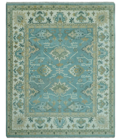 Custom Made Aqua and Beige Hand Knotted Traditional Wool Rug.