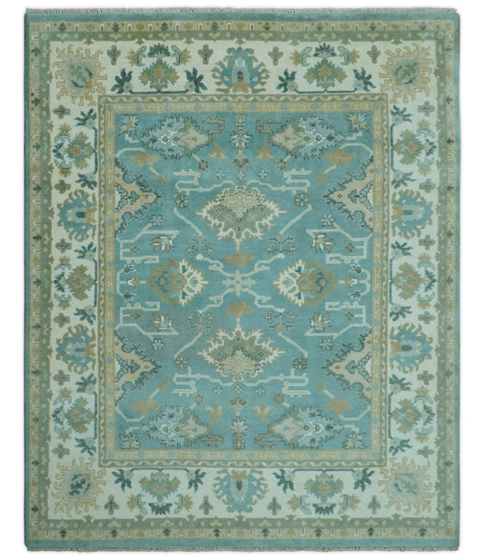 Custom Made Aqua and Beige Hand Knotted Traditional Wool Rug.