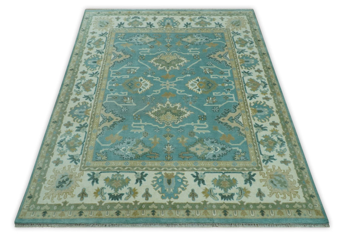 Custom Made Aqua and Beige Hand Knotted Traditional Wool Rug.