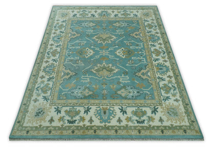 Custom Made Aqua and Beige Hand Knotted Traditional Wool Rug.