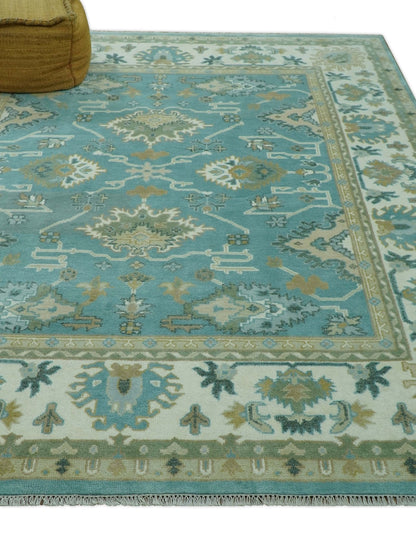 Custom Made Aqua and Beige Hand Knotted Traditional Wool Rug.