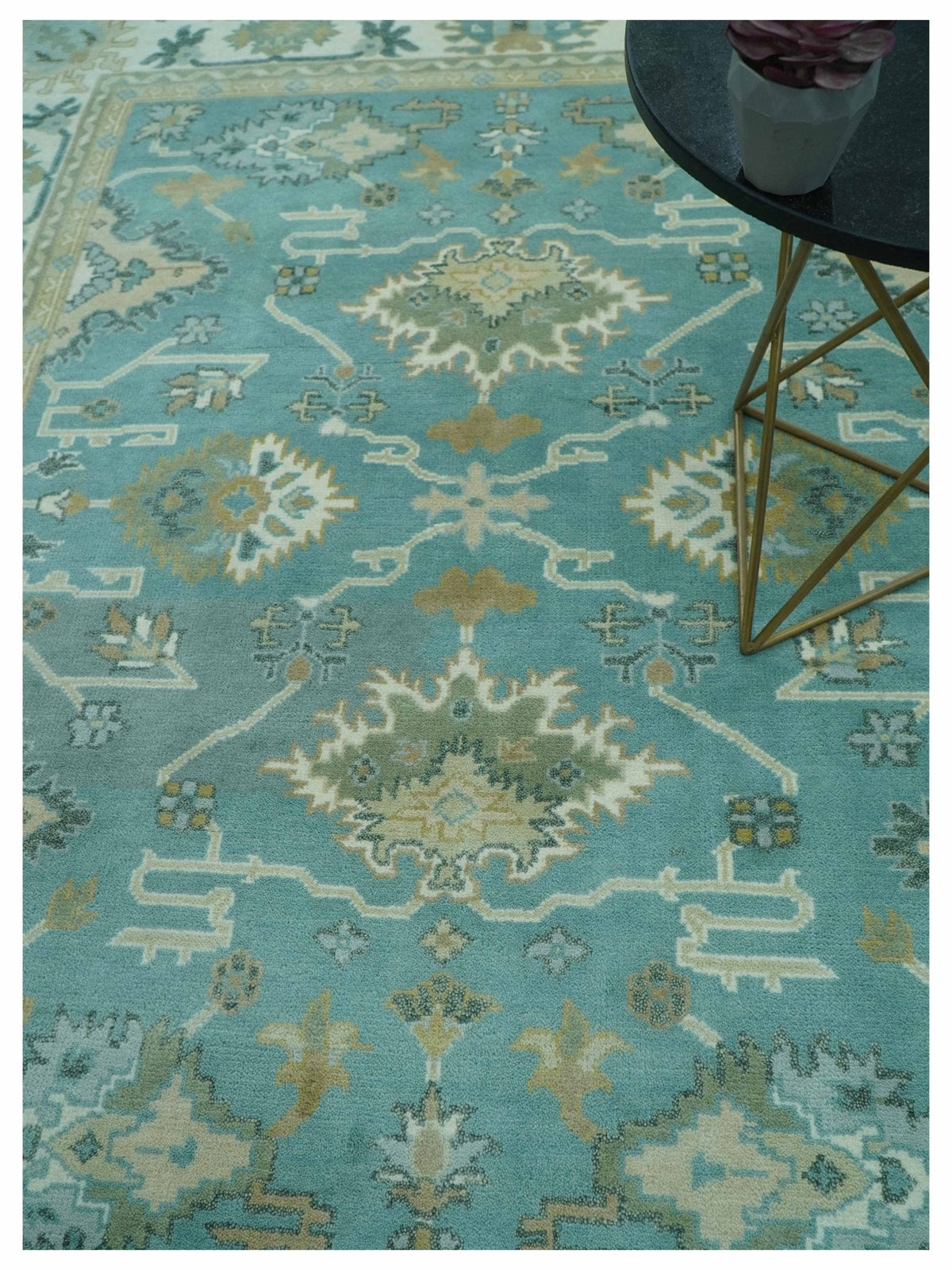 Custom Made Aqua and Beige Hand Knotted Traditional Wool Rug.