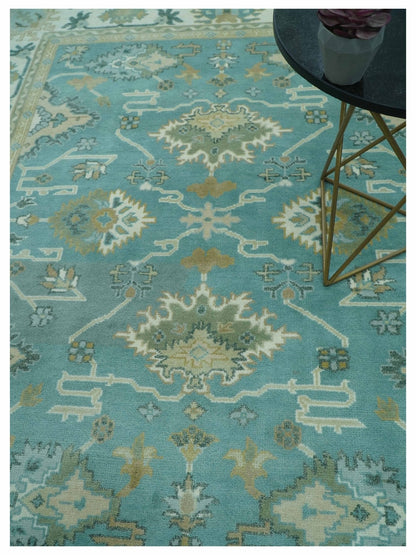 Custom Made Aqua and Beige Hand Knotted Traditional Wool Rug.