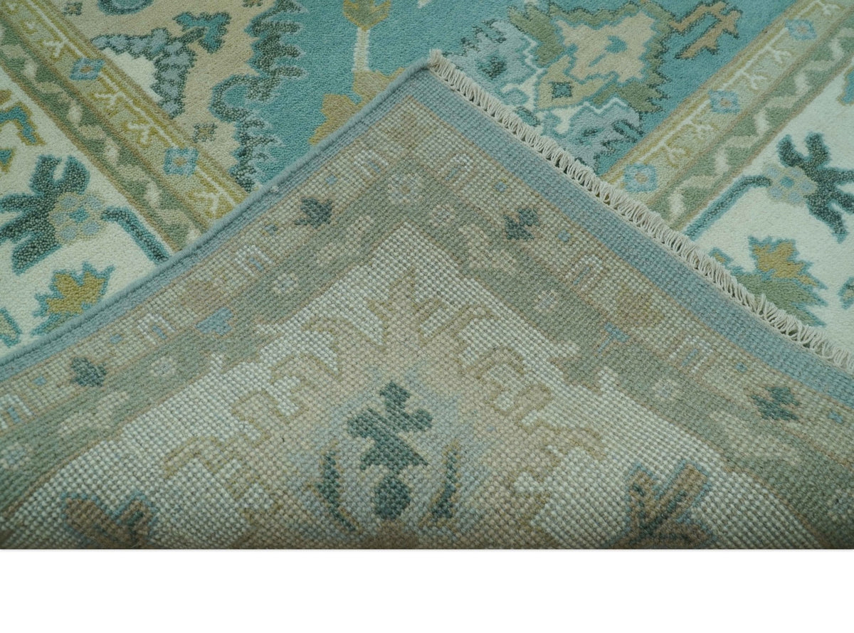 Custom Made Aqua and Beige Hand Knotted Traditional Wool Rug.