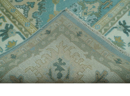 Custom Made Aqua and Beige Hand Knotted Traditional Wool Rug.