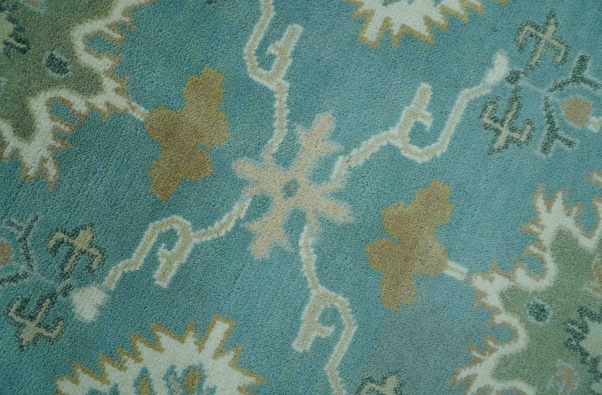 Custom Made Aqua and Beige Hand Knotted Traditional Wool Rug.