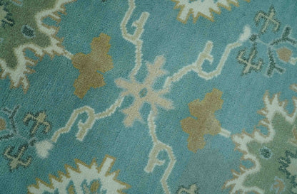 Custom Made Aqua and Beige Hand Knotted Traditional Wool Rug.