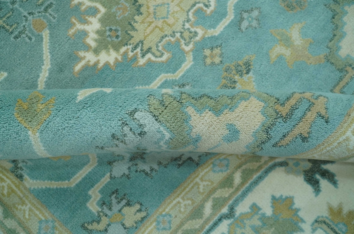 Custom Made Aqua and Beige Hand Knotted Traditional Wool Rug.