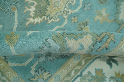 Custom Made Aqua and Beige Hand Knotted Traditional Wool Rug.