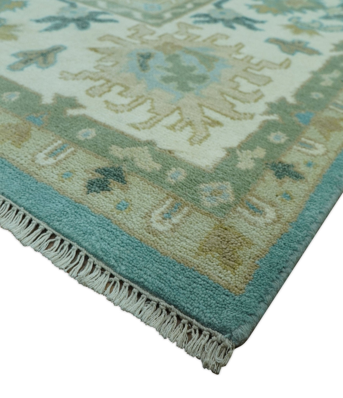 Custom Made Aqua and Beige Hand Knotted Traditional Wool Rug.