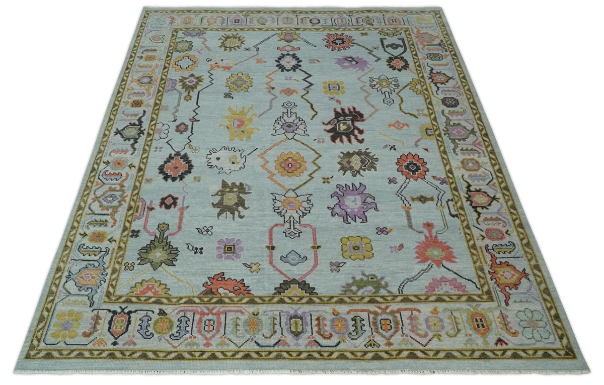 Custom Made Aqua and Green Hand knotted Traditional Oushak wool area Rug.