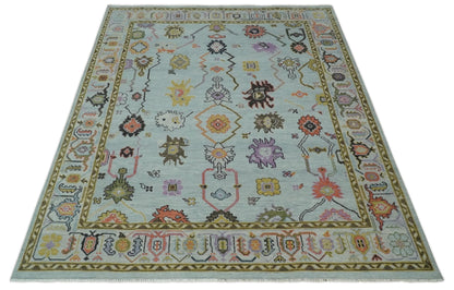 Custom Made Aqua and Green Hand knotted Traditional Oushak wool area Rug.