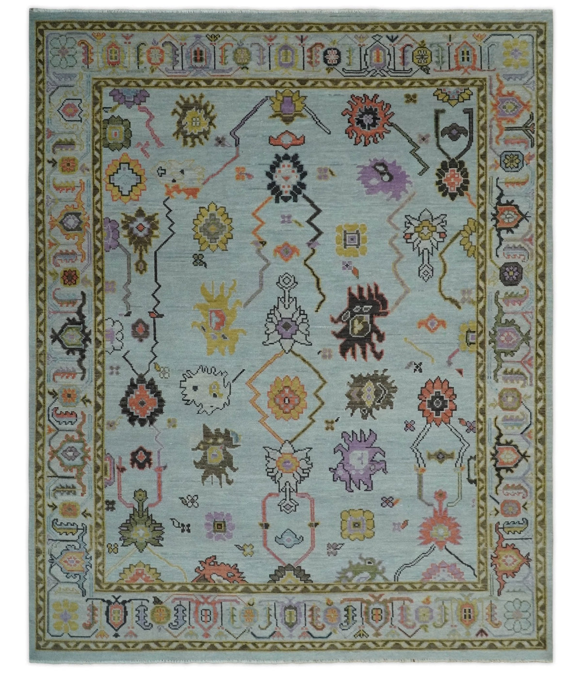 Custom Made Aqua and Green Hand knotted Traditional Oushak wool area Rug.