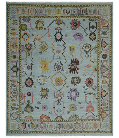 Custom Made Aqua and Green Hand knotted Traditional Oushak wool area Rug.