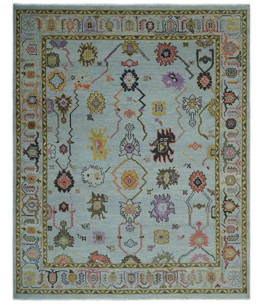 Custom Made Aqua and Green Hand knotted Traditional Oushak wool area Rug.
