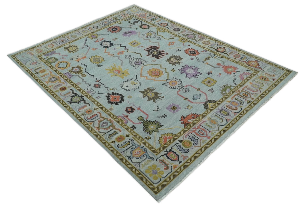 Custom Made Aqua and Green Hand knotted Traditional Oushak wool area Rug.