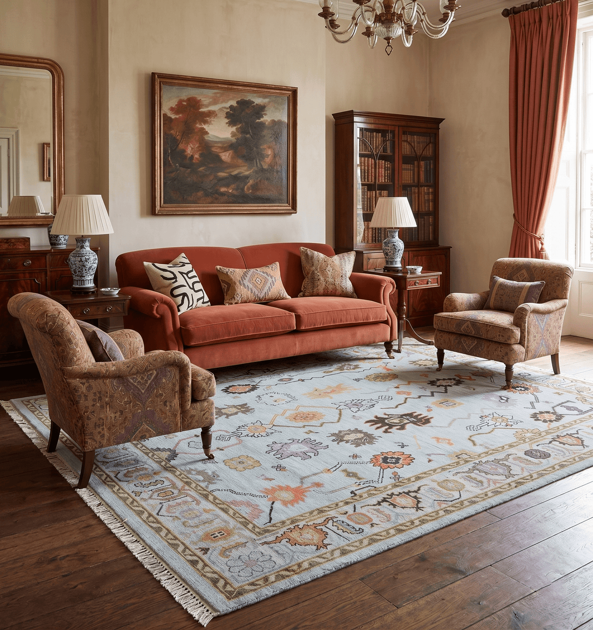 Custom Made Aqua and Green Hand knotted Traditional Oushak wool area Rug.