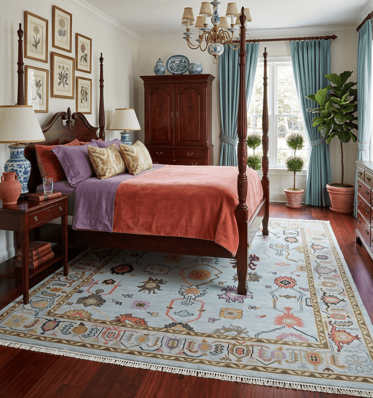 Custom Made Aqua and Green Hand knotted Traditional Oushak wool area Rug.