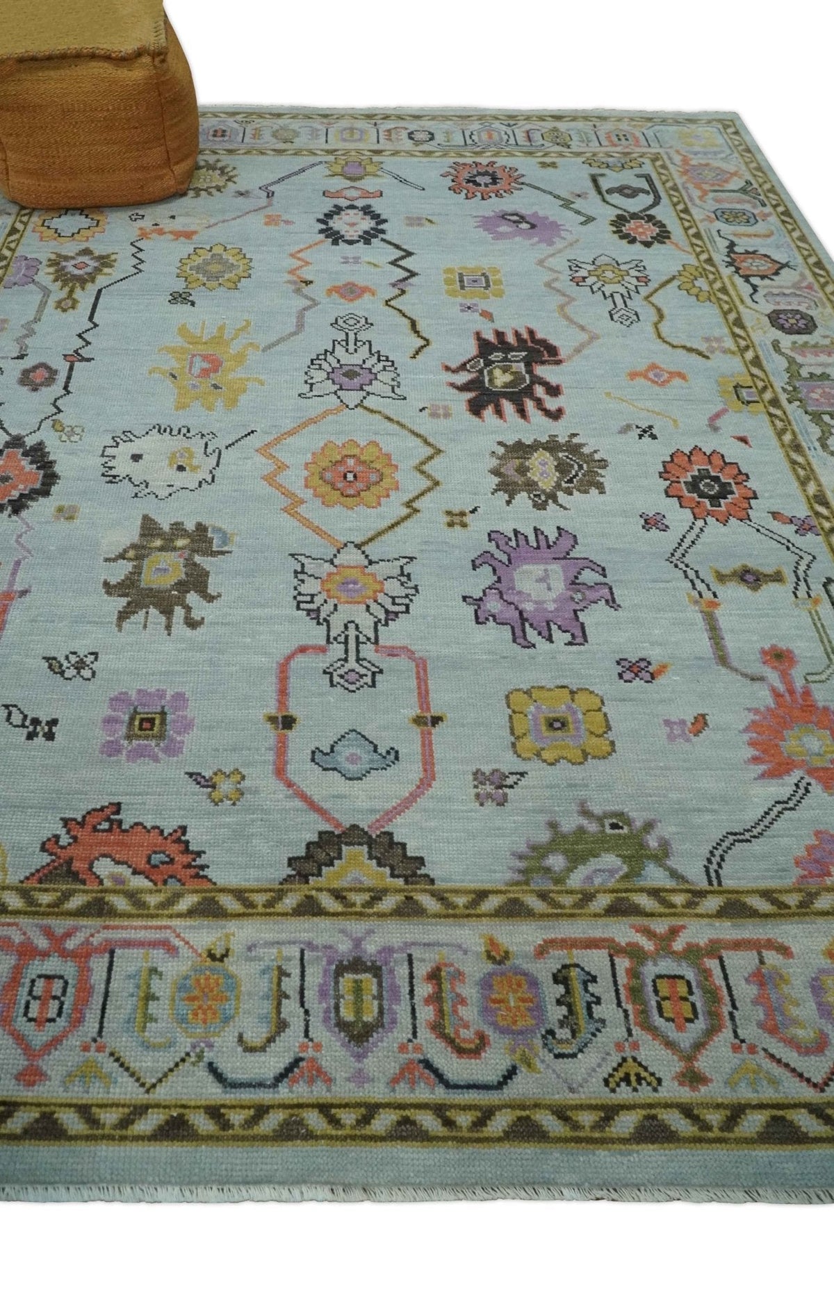 Custom Made Aqua and Green Hand knotted Traditional Oushak wool area Rug.