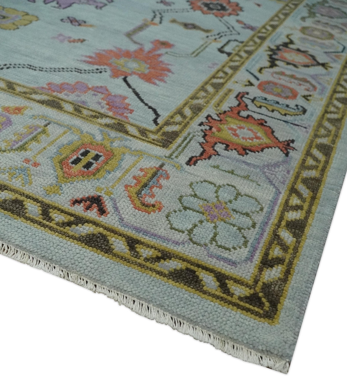 Custom Made Aqua and Green Hand knotted Traditional Oushak wool area Rug.