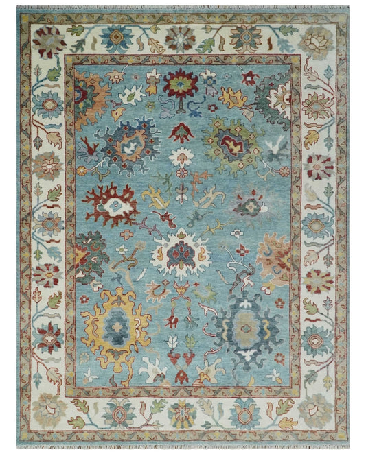 Custom Made Aqua and Ivory hand knotted Vibrant colorful Traditional Oushak Wool Area Rug.