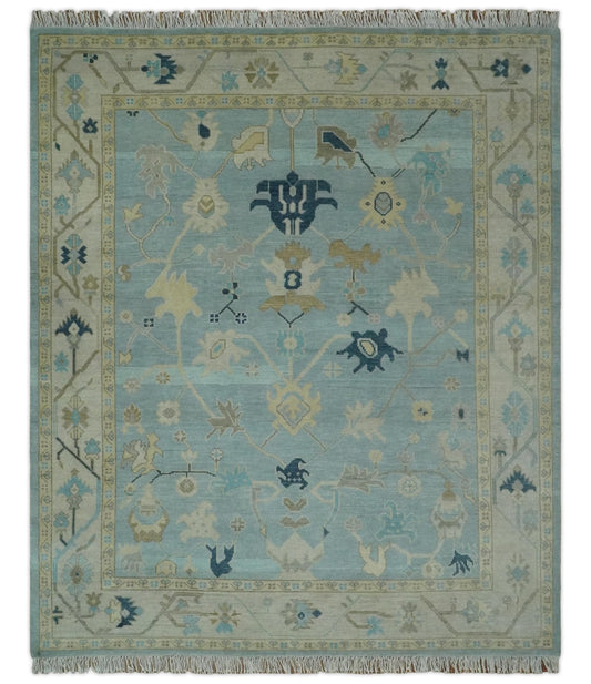 Custom Made Aqua, Ivory and Beige Hand knotted Oriental Oushak wool Area Rug.