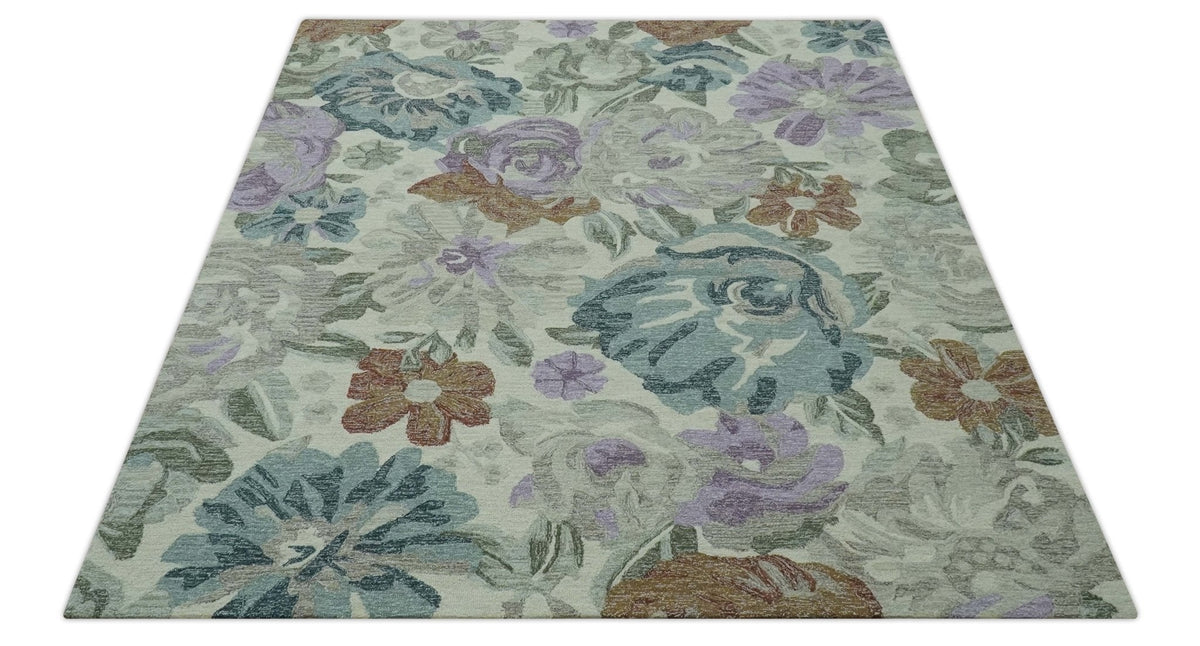 Custom Made Beautiful Ivory, Gray, Purple Flower Design Hand Tufted wool Area Rug.