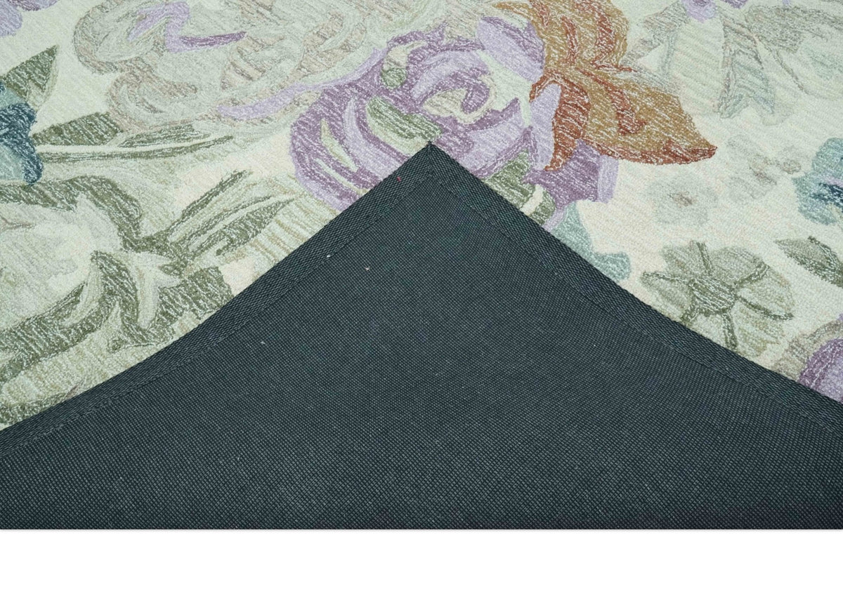 Custom Made Beautiful Ivory, Gray, Purple Flower Design Hand Tufted wool Area Rug.