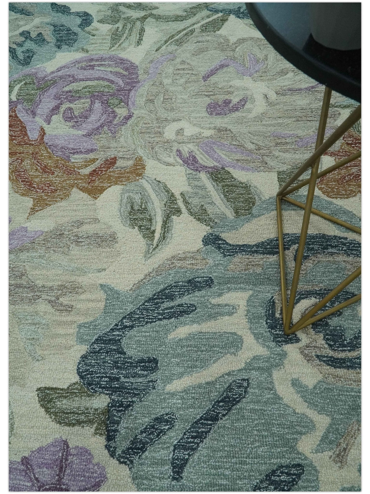 Custom Made Beautiful Ivory, Gray, Purple Flower Design Hand Tufted wool Area Rug.