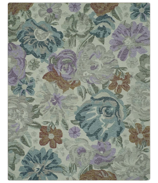 Custom Made Beautiful Ivory, Gray, Purple Flower Design Hand Tufted wool Area Rug.