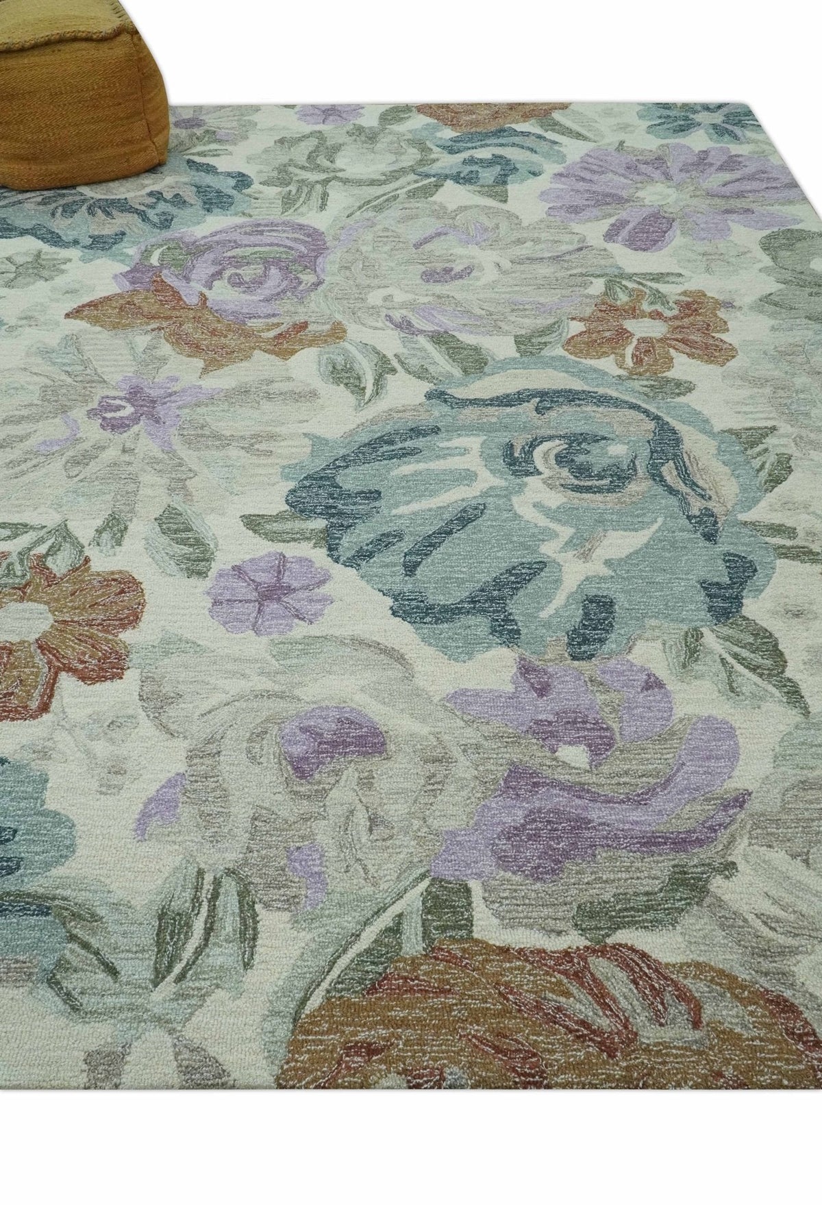 Custom Made Beautiful Ivory, Gray, Purple Flower Design Hand Tufted wool Area Rug.