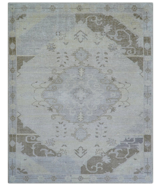 Custom Made Beige And Blue Traditional Turkish Design Hand knotted Wool Rug.