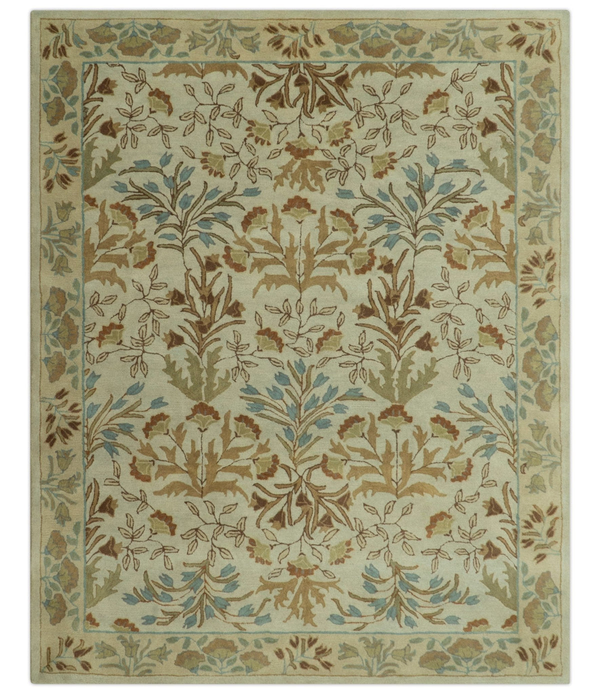 Custom Made Beige And Brown Traditional Floral Design Hand Tufted Wool Area Rug.