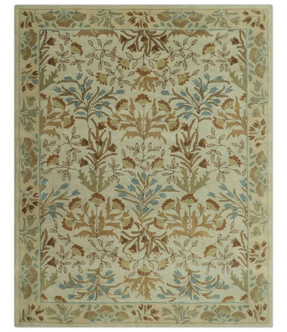Custom Made Beige And Brown Traditional Floral Design Hand Tufted Wool Area Rug.