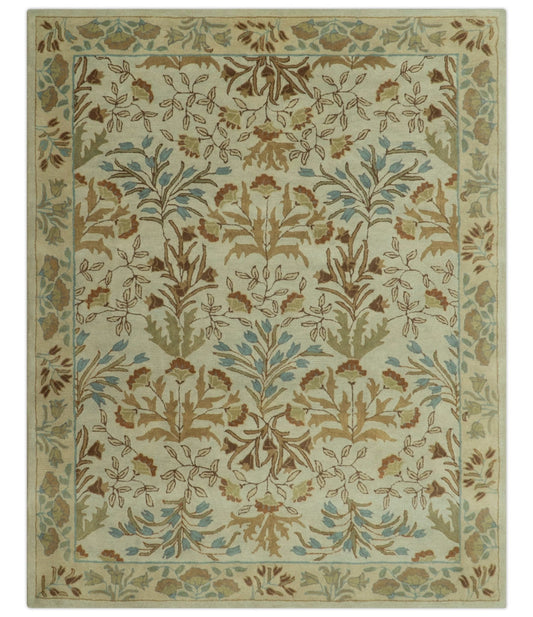 Custom Made Beige And Brown Traditional Floral Design Hand Tufted Wool Area Rug.