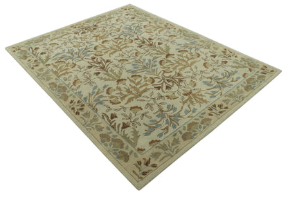 Custom Made Beige And Brown Traditional Floral Design Hand Tufted Wool Area Rug.