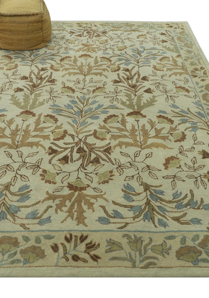Custom Made Beige And Brown Traditional Floral Design Hand Tufted Wool Area Rug.