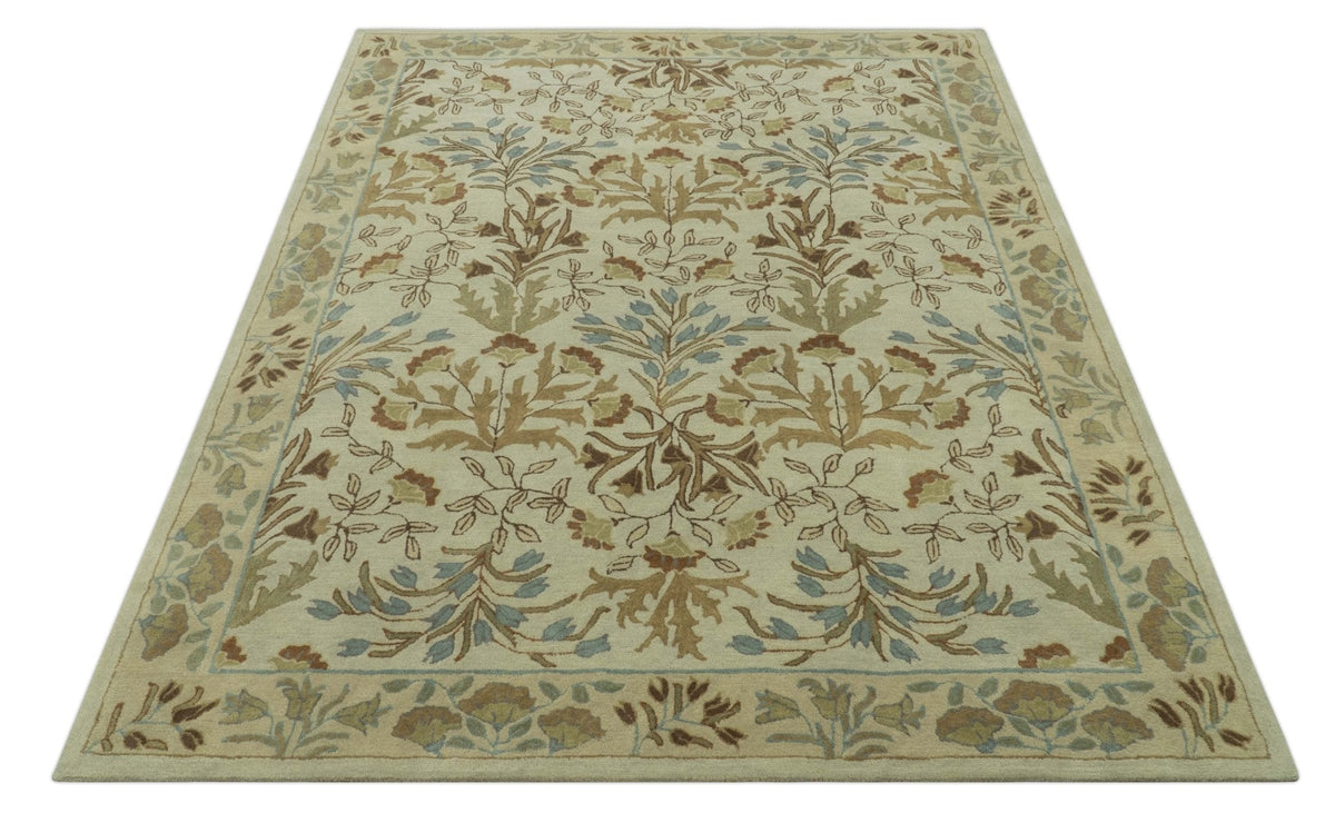 Custom Made Beige And Brown Traditional Floral Design Hand Tufted Wool Area Rug.