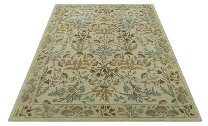 Custom Made Beige And Brown Traditional Floral Design Hand Tufted Wool Area Rug.