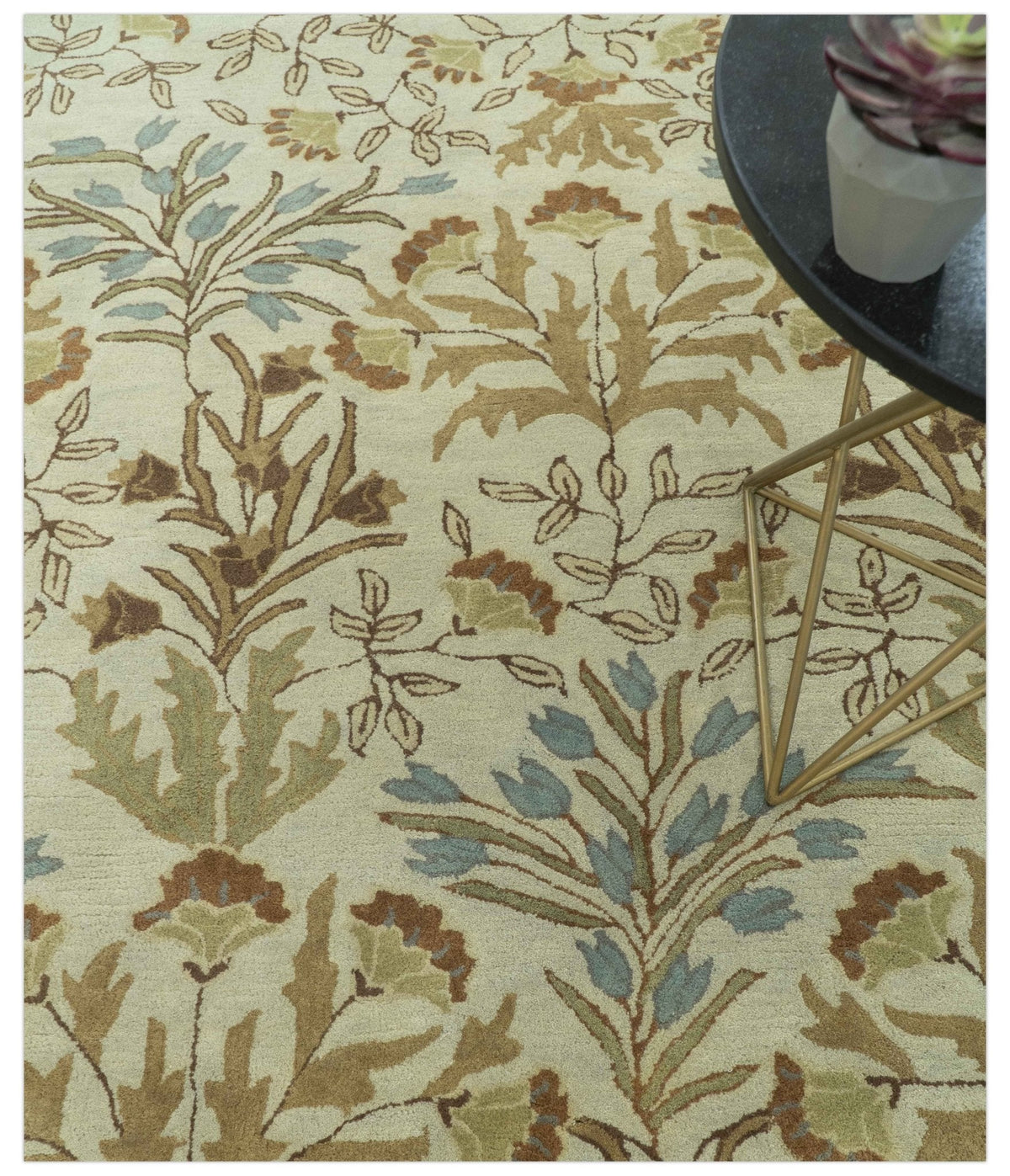 Custom Made Beige And Brown Traditional Floral Design Hand Tufted Wool Area Rug.