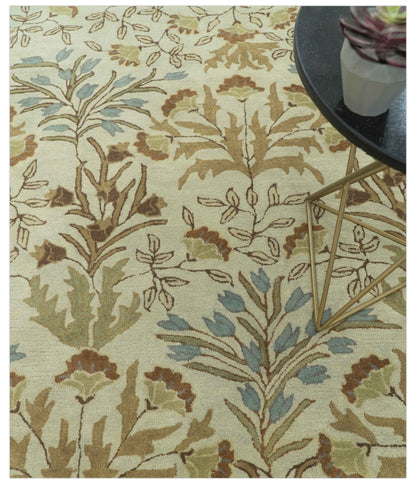 Custom Made Beige And Brown Traditional Floral Design Hand Tufted Wool Area Rug.