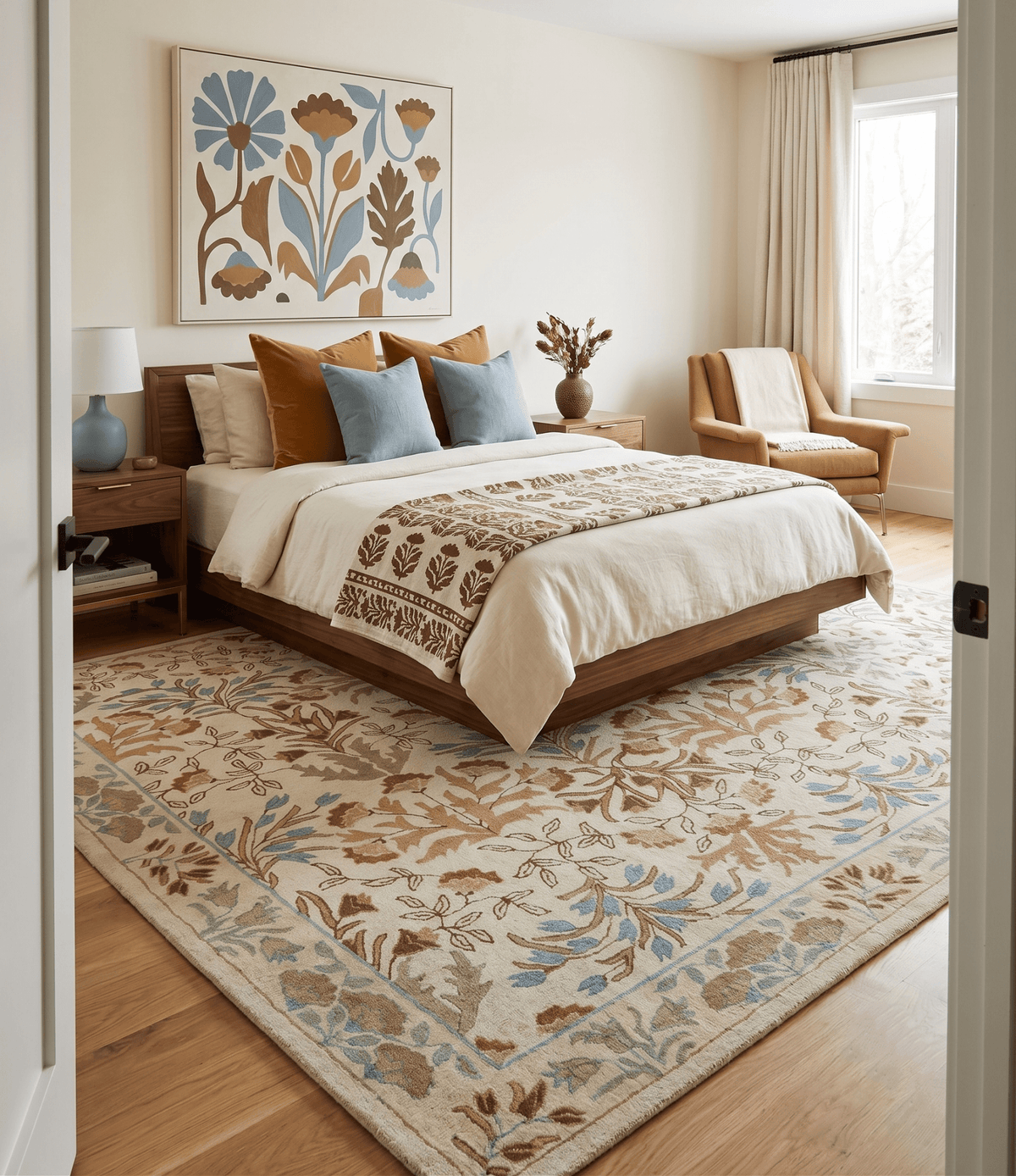 Custom Made Beige And Brown Traditional Floral Design Hand Tufted Wool Area Rug.