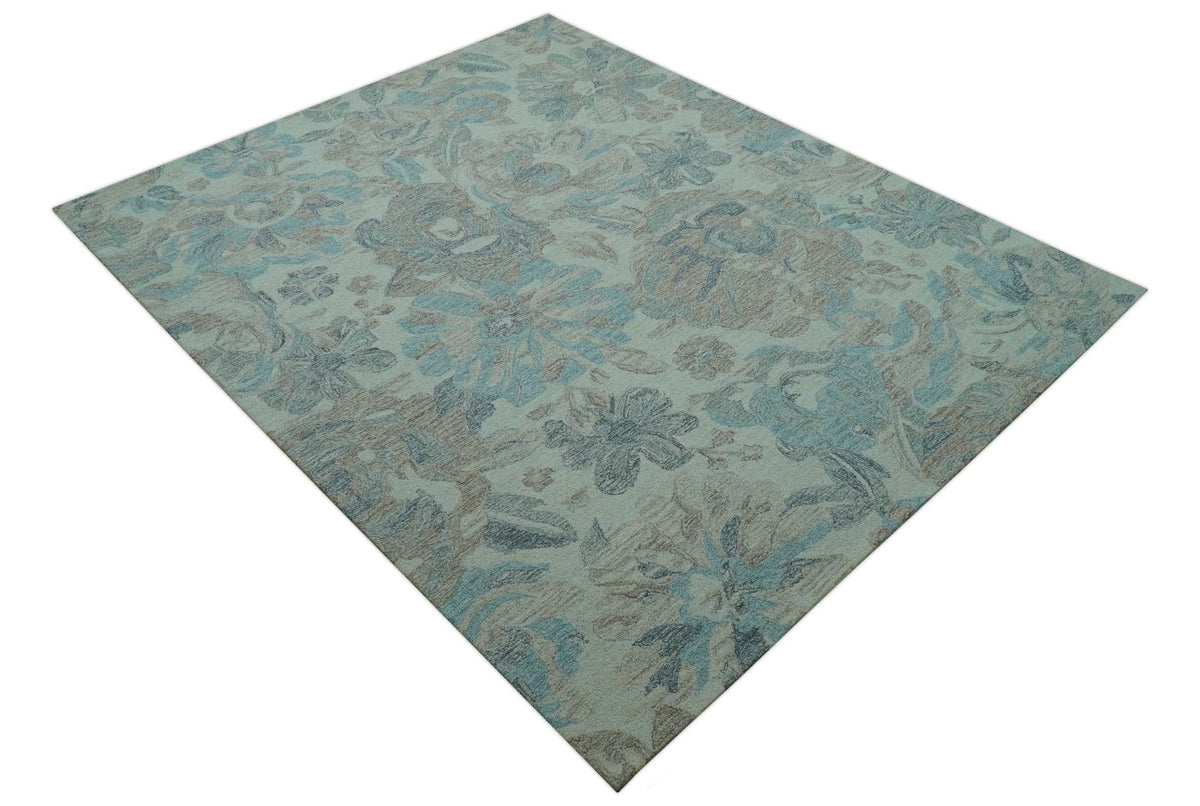 Custom Made Beige And Brown Traditional Floral Pattern Hand Tufted Wool Area Rug.